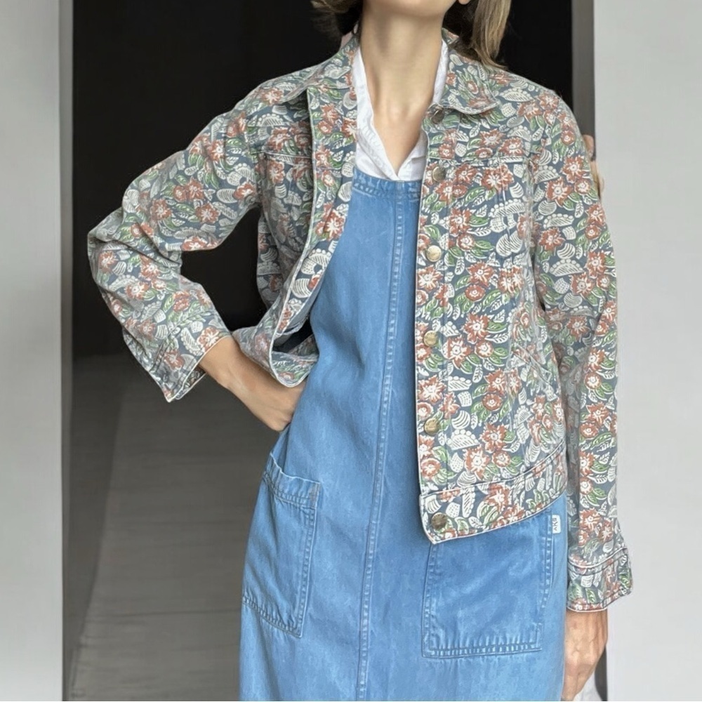 Orvis Floral Denim Jean Jacket – Cottagecore Vintage, Size S Oversized